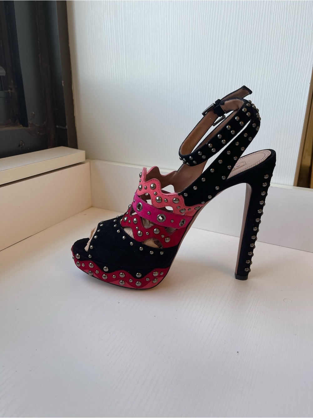 Alaia Black, Pink and Red Scalloped Studded Platform Sandals - Picture 6 of 12